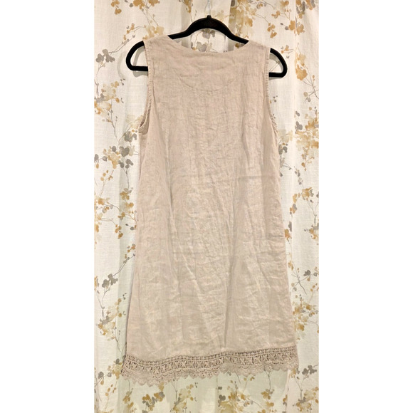 Rosemarne Linen Sheath Dress Medium Crocheted Hem Italian Beige Coastal Casual - Picture 7 of 9